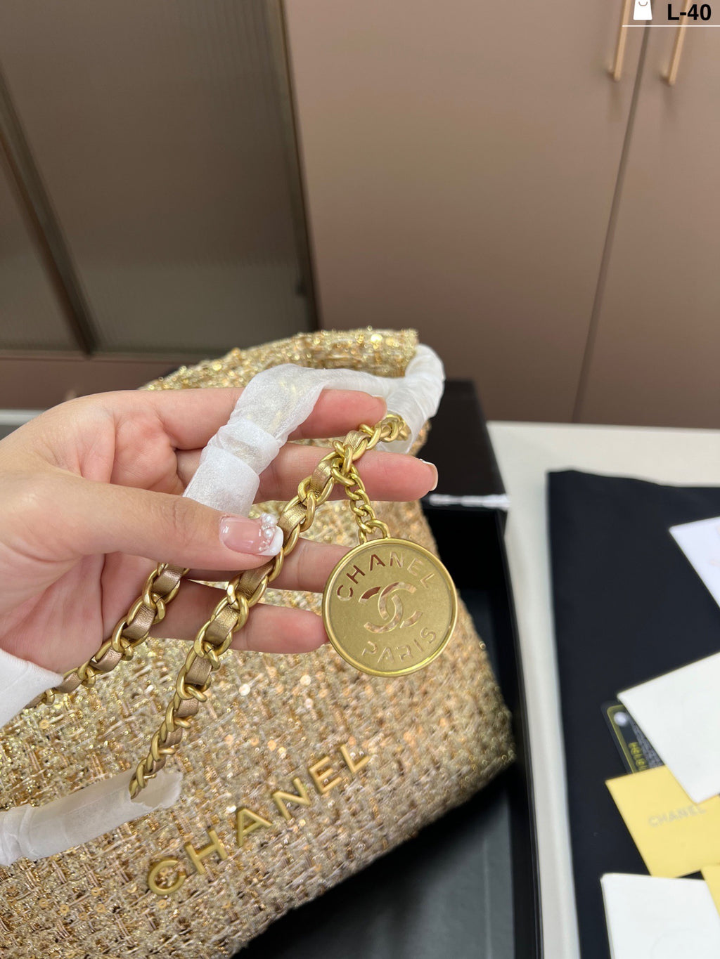 Cc gold coin tweed bag Large