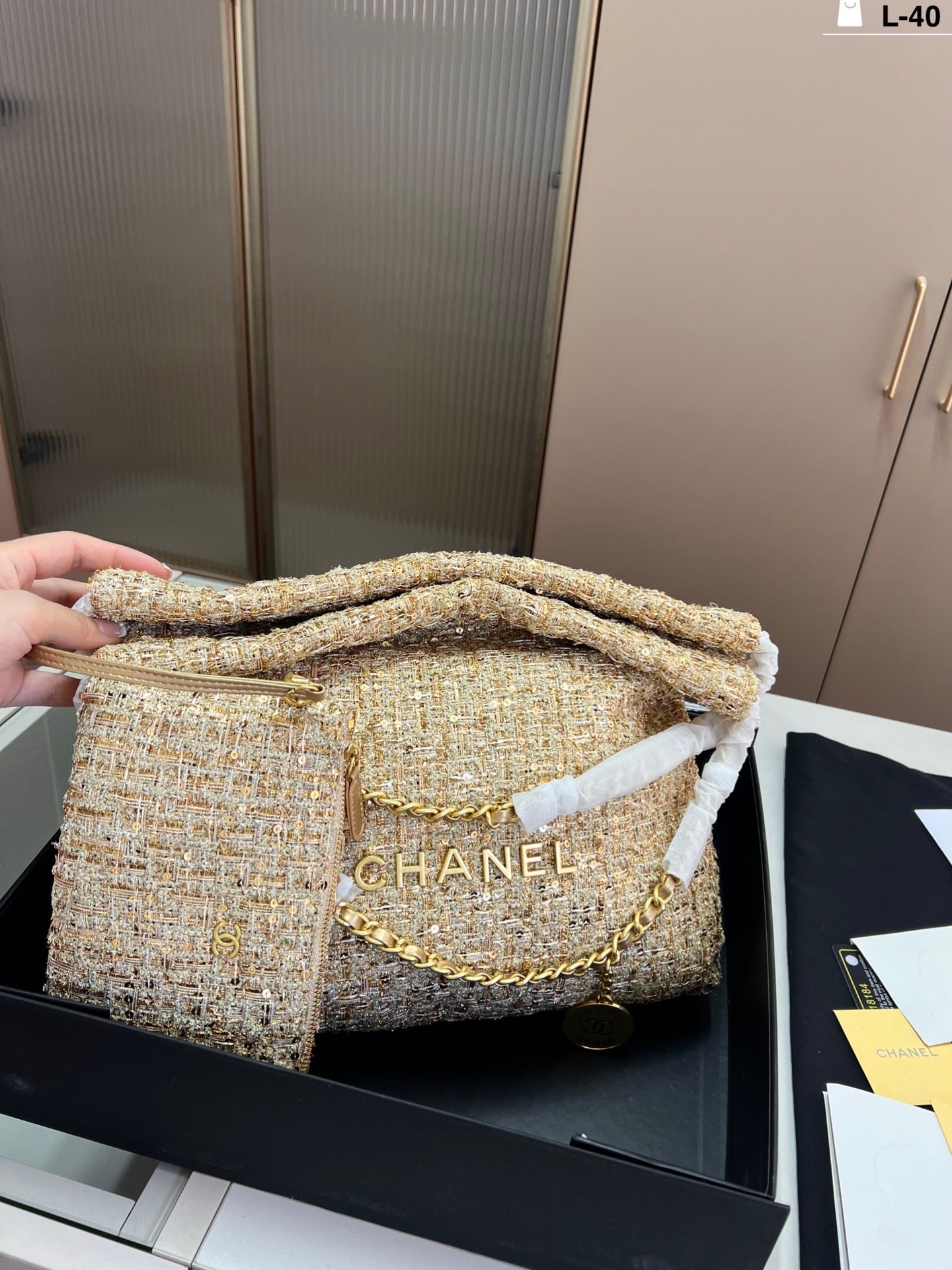 Cc gold coin tweed bag Large