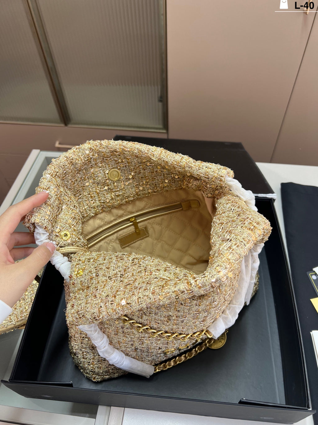 Cc gold coin tweed bag Large