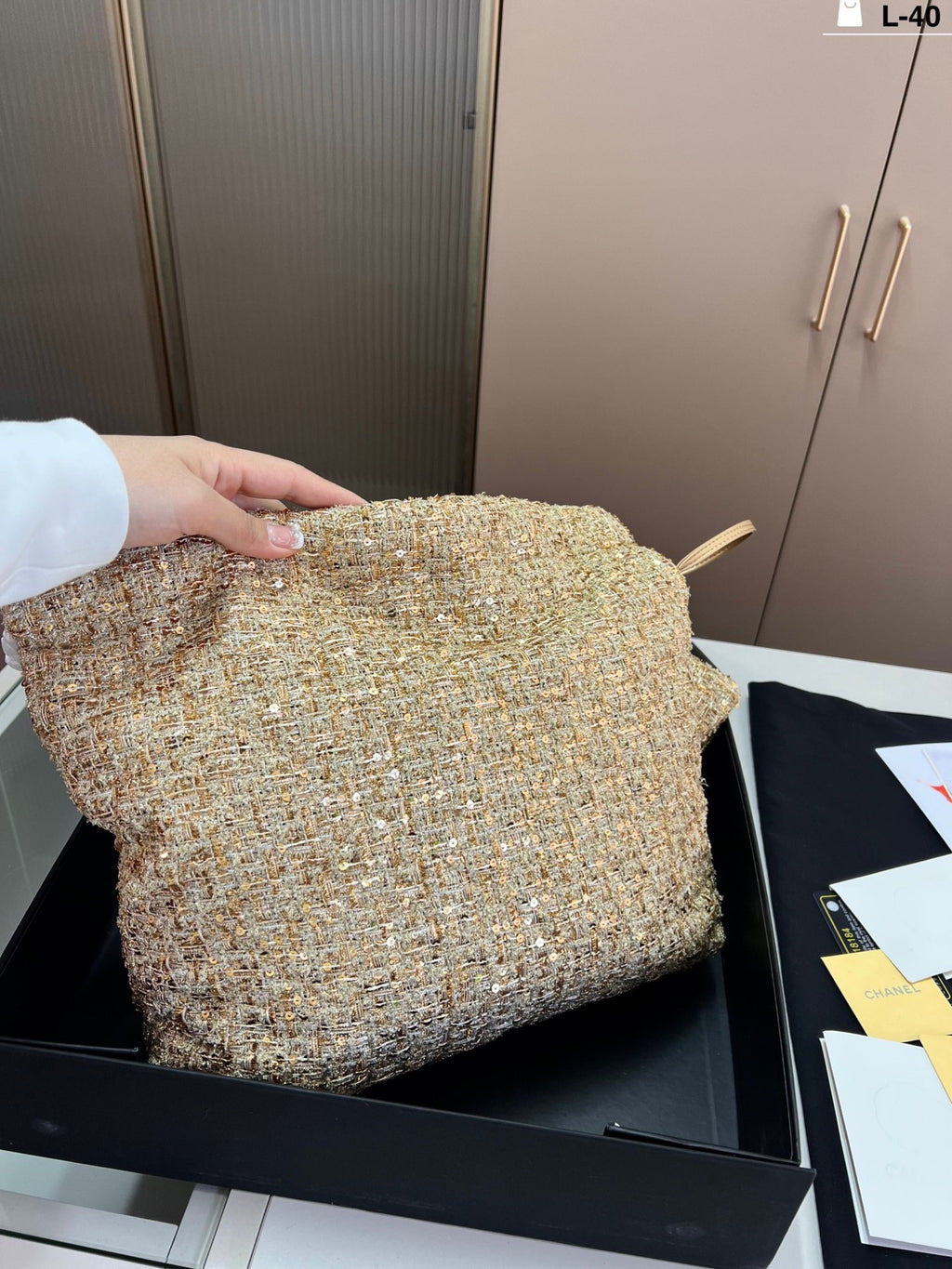 Cc gold coin tweed bag Large