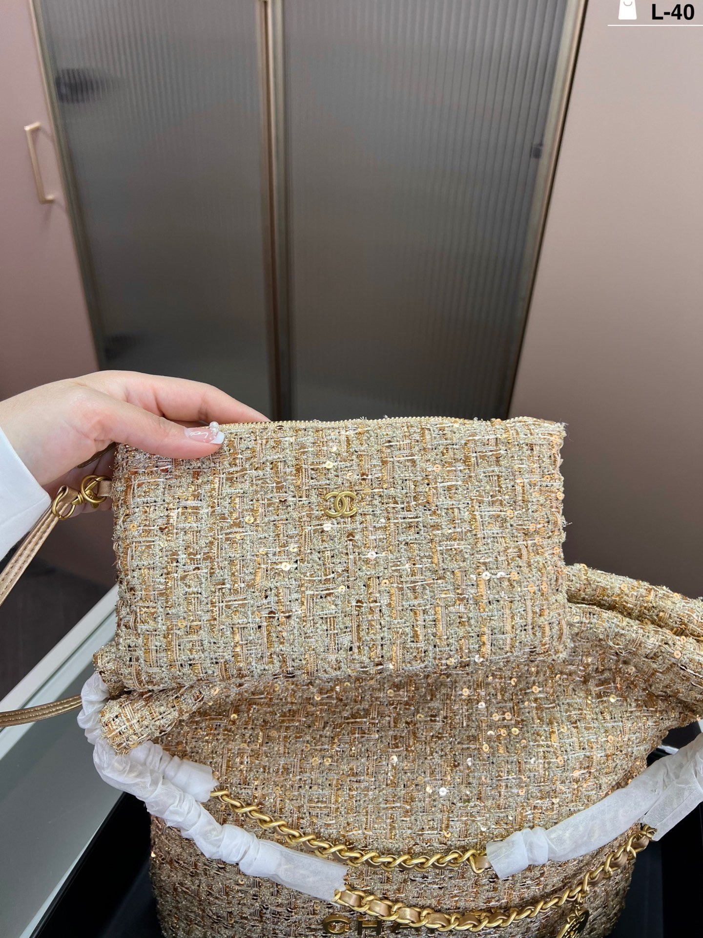 Cc gold coin tweed bag Large