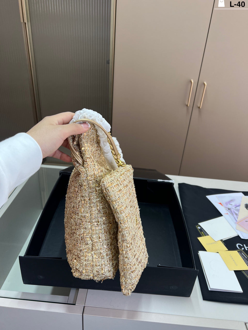 Cc gold coin tweed bag Large