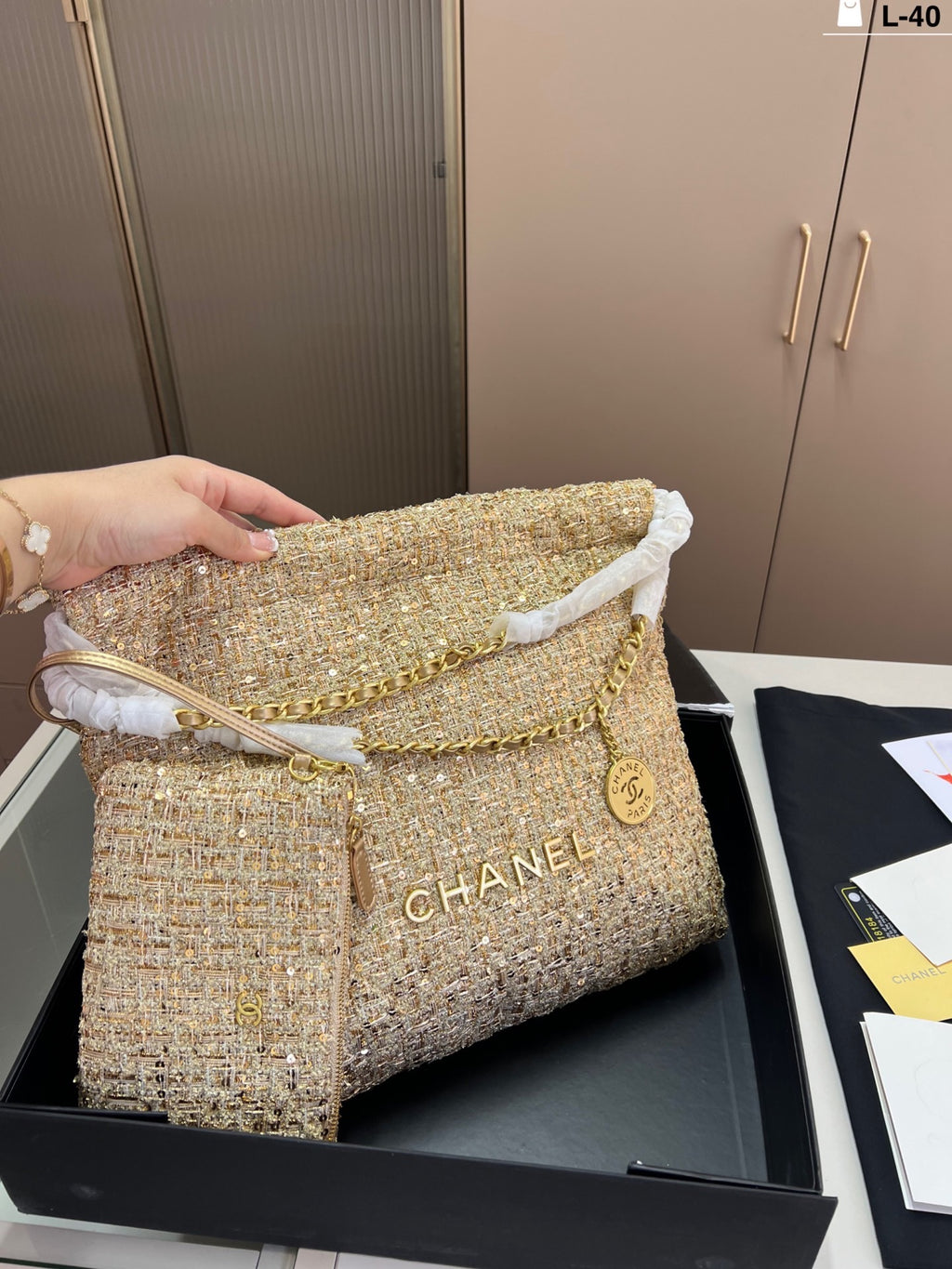 Cc gold coin tweed bag Large